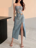 Hoombox Maxi Jeans Sexy Skirt Women Denim Long Skirts Female Summer Vintage Maxi Skirt Side Split Denim Skirt Women Long Korean