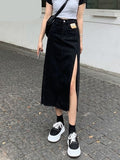 Hoombox Maxi Jeans Sexy Skirt Women Denim Long Skirts Female Summer Vintage Maxi Skirt Side Split Denim Skirt Women Long Korean