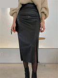 Hoombox Black PU Faxu Leather Women's Wrap Skirts New Autumn Winter High Waist Front Split Sheath Pencil Skirts Female