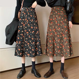 Hoombox Corduroy Skirts Women Autumn Winter Mid-calf Faldas Floral A-line Student Baggy Elegant Vintage Korean Preppy Style Elegant Ins