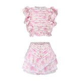 Hoombox  High Quality  Sunday Set elastic waistband Cropped top with ruffle detail and cute ruffle mini shorts skirts