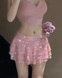 Hoombox 2024 Spring Summer Women Pink Sequin Multi Layered Ruffle Edge Ultra Short Skirt Sexy Spicy Girl Mid Rise Mini Skirts Clubwear