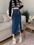 Hoombox A-line High Waist Long Vintage Versatile Split Denim Skirt Woman