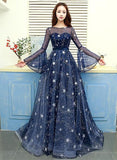 Hoombox Navy Blue Tulle Puffy Sleeves Long A-line Prom Dress, Navy Blue Formal Dress