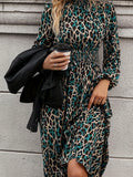 Leopard Print Shirred Waist Dress, Casual Long Sleeve Maxi Dress, Women's Clothing