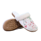 Veowalk Winter Women Faux Fur Fuzzy Flat Slippers Chinese Embroidered Soft Warm Comfy Non-Slippery Home Slide Shoes Pink White