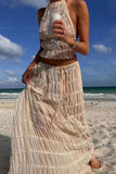 Hoombox Open Back Halterneck Ruched Lace Trimmed Tank Top Maxi Skirt Set