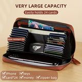 Long Style Genuine Leather Vertical Folding Clutch Wallet for Women - RFID Blocking, Multi-Card Holder, Magnetic Closure, Polyester Lining, Top Layer Cowhide Material - Includes Chain, Casual Style