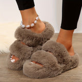 Double Band Fluffy Plush Home Slippers, Solid Color Open Toe Fuzzy Furry Shoes, Winter Cozy & Warm Slippers