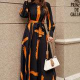 Brush Print Keyhole Dress, Elegant Long Sleeve Maxi Dress, Women's Clothing