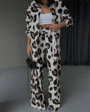 Hoombox Leopard Print Long Sleeve Shirt Wide Leg Pants Two-Piece Set