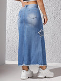 Star Raw Seam Denim Midi Skirt, Raw Hem Slant Pockets Casual Denim Skirt, Women's Denim Clothing