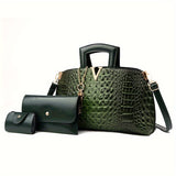 Sophisticated Croc-Embossed Faux Leather Bag Set: Elegant Tote, Chic Clutch Wallet & Secure Card Case with Zipper Closure