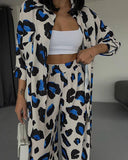 Hoombox Leopard Print Long Sleeve Shirt Wide Leg Pants Two-Piece Set