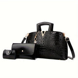 Sophisticated Croc-Embossed Faux Leather Bag Set: Elegant Tote, Chic Clutch Wallet & Secure Card Case with Zipper Closure