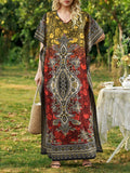 Graphic Print V-neck Dress, Casual Short Sleeve Split Dress For Spring & Summer, Women's Clothing