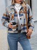 Plaid Flap Pockets Trucker Jacket, Casual Long Sleeve Jacket For Fall, Women's Clothing