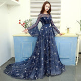 Hoombox Navy Blue Tulle Puffy Sleeves Long A-line Prom Dress, Navy Blue Formal Dress