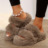 Double Band Fluffy Plush Home Slippers, Solid Color Open Toe Fuzzy Furry Shoes, Winter Cozy & Warm Slippers