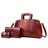 Sophisticated Croc-Embossed Faux Leather Bag Set: Elegant Tote, Chic Clutch Wallet & Secure Card Case with Zipper Closure