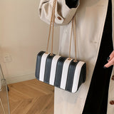 Striped Square Shoulder Bag with PU Leather Patchwork - Magnetic Closure, Fixed Chain Strap, Unlined Interior - Perfect for Shopping and Dating