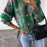 High Contrast Knit Cardigan, V-Neck Button Up Cardigan Sweater, Casual Tops For Fall & Winter, Women's Clothing