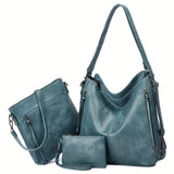 3-Pc Vintage Leather Handbag Set - Timeless Hobo, Satchel & Wristlet - Large Capacity, Durable, Multi-Compartment - Ideal for Casual Chic Style