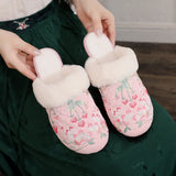 Veowalk Winter Women Faux Fur Fuzzy Flat Slippers Chinese Embroidered Soft Warm Comfy Non-Slippery Home Slide Shoes Pink White