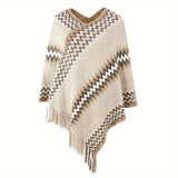 hoombox Boho Wave Stripes Knit Pullover Poncho Imitation Cashmere Thick Soft Warm Tassel Shawl Autumn Winter Travel Windproof Coldproof Cloak