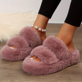 Double Band Fluffy Plush Home Slippers, Solid Color Open Toe Fuzzy Furry Shoes, Winter Cozy & Warm Slippers