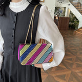 Striped Square Shoulder Bag with PU Leather Patchwork - Magnetic Closure, Fixed Chain Strap, Unlined Interior - Perfect for Shopping and Dating