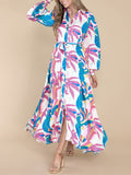 Tropical Print Button Front Dress, Vacation Long Sleeve Maxi Dress, Women's Clothing