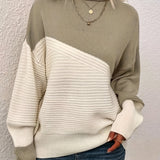 Color Block Crew Neck Pullover Sweater, Casual Long Sleeve Drop Shoulder Sweater, Women's Clothing