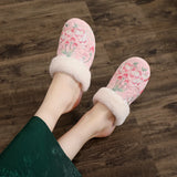 Veowalk Winter Women Faux Fur Fuzzy Flat Slippers Chinese Embroidered Soft Warm Comfy Non-Slippery Home Slide Shoes Pink White