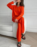 Hoombox Long Sleeve Lapel Top Drawstring Pants Two-Piece Set