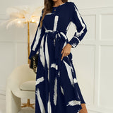 Brush Print Keyhole Dress, Elegant Long Sleeve Maxi Dress, Women's Clothing
