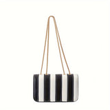 Striped Square Shoulder Bag with PU Leather Patchwork - Magnetic Closure, Fixed Chain Strap, Unlined Interior - Perfect for Shopping and Dating