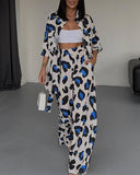 Hoombox Leopard Print Long Sleeve Shirt Wide Leg Pants Two-Piece Set