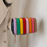 Striped Square Shoulder Bag with PU Leather Patchwork - Magnetic Closure, Fixed Chain Strap, Unlined Interior - Perfect for Shopping and Dating