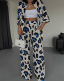 Hoombox Leopard Print Long Sleeve Shirt Wide Leg Pants Two-Piece Set