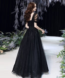 Hoombox Black Off Shoulder Long Party Dress Prom Dress, Unique Black Evening Party Dresses