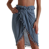 Hoombox  Women Beach Dress Semi-sheer Swimwears Bikini Cover Ups Short Skirt with Tassels Chiffon Wrap Swimming Dress Sarong Pareo Shorts