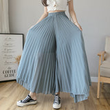 Women Spring Summer Pleated Loose Pants Fashion Female Chiffon Elastic Waist Skirt Pants Black Blue Wide Leg Pants Femme