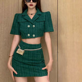 Hoombox High Quality Fashion Elegant Tweed 2 Piece Set Women Short Jacket Coat Crop Top Mini Skirt Suits Small Fragrance Two Piece Set