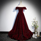 Hoombox Beautiful Wine Red Off Shoulder Velvet Long Party Dress, A-line Dark Red Prom Dresses