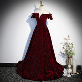 Hoombox Beautiful Wine Red Off Shoulder Velvet Long Party Dress, A-line Dark Red Prom Dresses