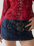 Hoombox - Vintage Denim Buckle Wrap Hip Mini Skirt