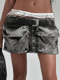 Hoombox - Washed Pocket Patchwork Low Waist Mini Skirt