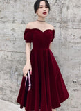 Hoombox Wine Red Short Velvet Evening Dresses, Off Shoulder Prom Dresses Bridesmaid Dress