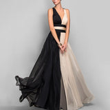 hoombox Deep V-Neck  Color Block  Chiffon Evening Dress